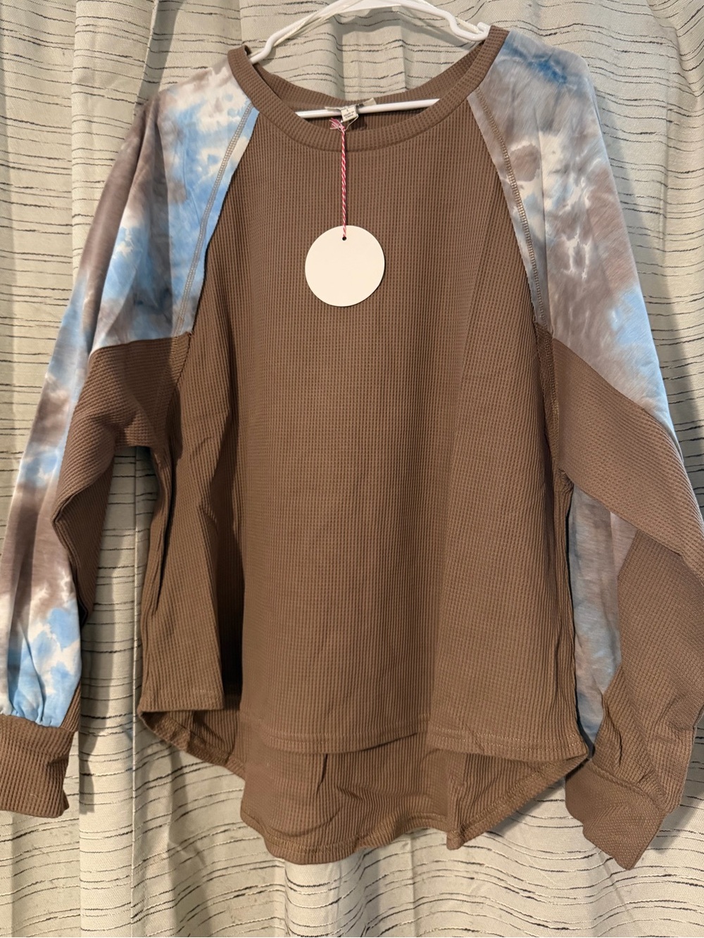 Umgee Waffle Knit Tie Dye Raglan Sleeve Top Size Large NWT Mocha Blue Boho